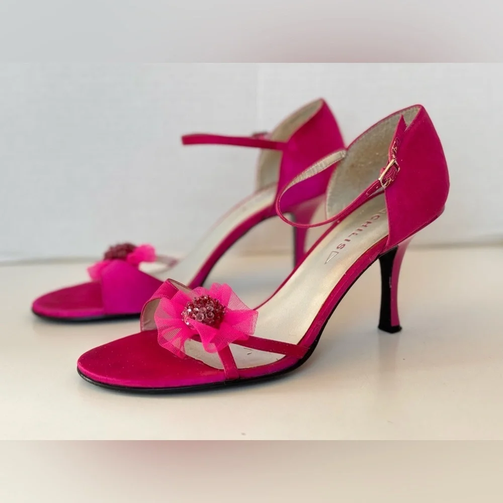 Vintage 90s Y2K Style Chilis Tira Satin Fuschia Pink Strappy Heel Sandals Shoes